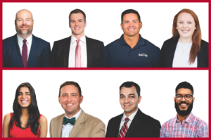Headshots of eight Morehead Honors College alumni named to UGA's 40 Under 40 Class of 2025: top row, Dave Bliss, Nic Fink, Mike Macdonald, and Sarah Merkel; bottom row, Avery Monthero, Phillip Mote, Colby Ruiz, and Brian Watts.